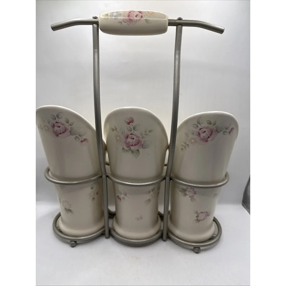 Pfaltzgraff TEA ROSE Flatware Caddy Silverware Utensil Holder With Stand.